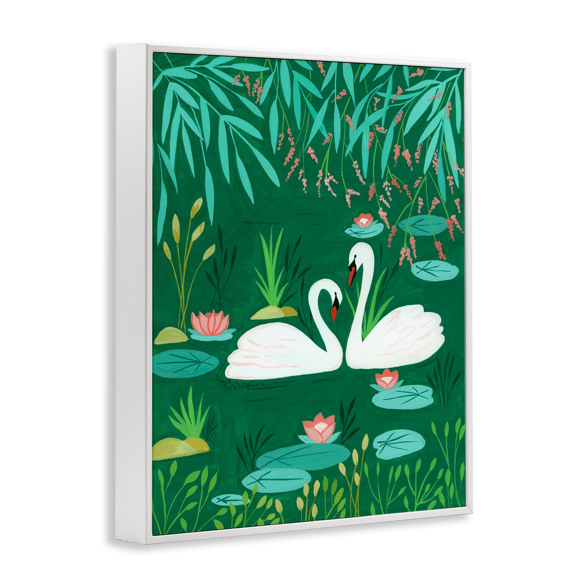 Swan Pair on Green Pond White Framed Giclee Art, design by Nabeela Rumi