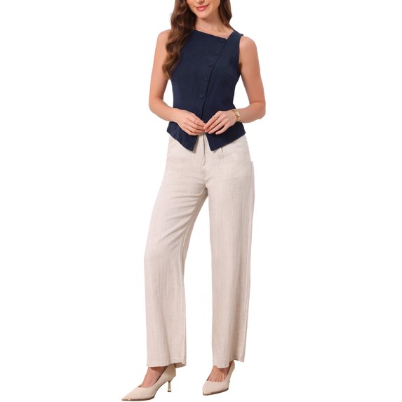 INSPIRE CHIC Women's Asymmetrical Sleeveless Tank Top Button Down Lightweight Summer Top Navy Blue M