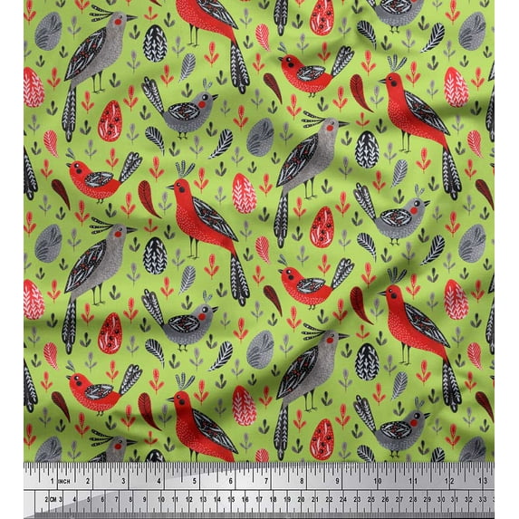 Soimoi Green polyester Crepe Fabric Leaves & Birds Folk Art Fabric Prints By Yard 52 Inch Wide