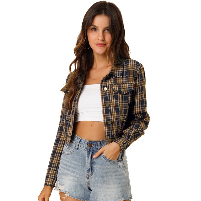INSPIRE CHIC Women Classic Vintage Button Front Closure Chest Pocket Plaid Crop Jacket