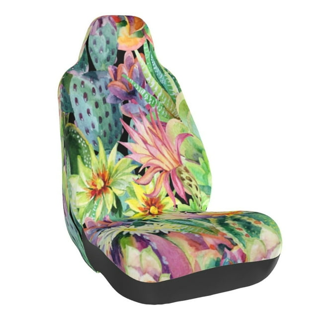 Wukai Watercolor Blooming Cactus Full Set Car Seat Covers with Soft Padding Universal Auto Front Seats Protector and Cushion Mat