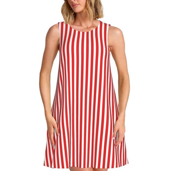 Picia Red And White Stripes Print Women’s Sleeveless Midi Swing Dress – A-Line Pleated Tank Sundress, Comfortable and Flowy T-Shirt Dress