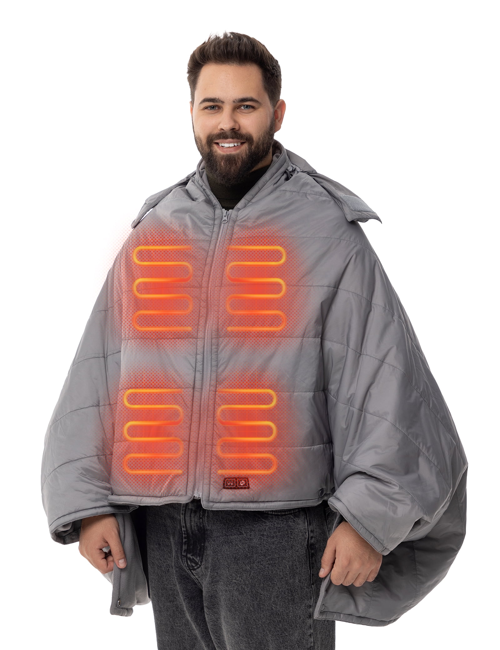 HENNCHEE Heated Blanket Battery Operated with Removable Hooded 70" x 42" Waterproof Heated Poncho for Home, Outdoors, Camping, Grey