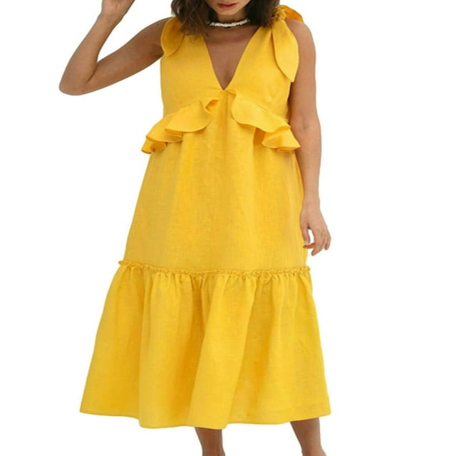 Solid Color V-Neck Sleeveless Dress for Women‘s Summer Casual