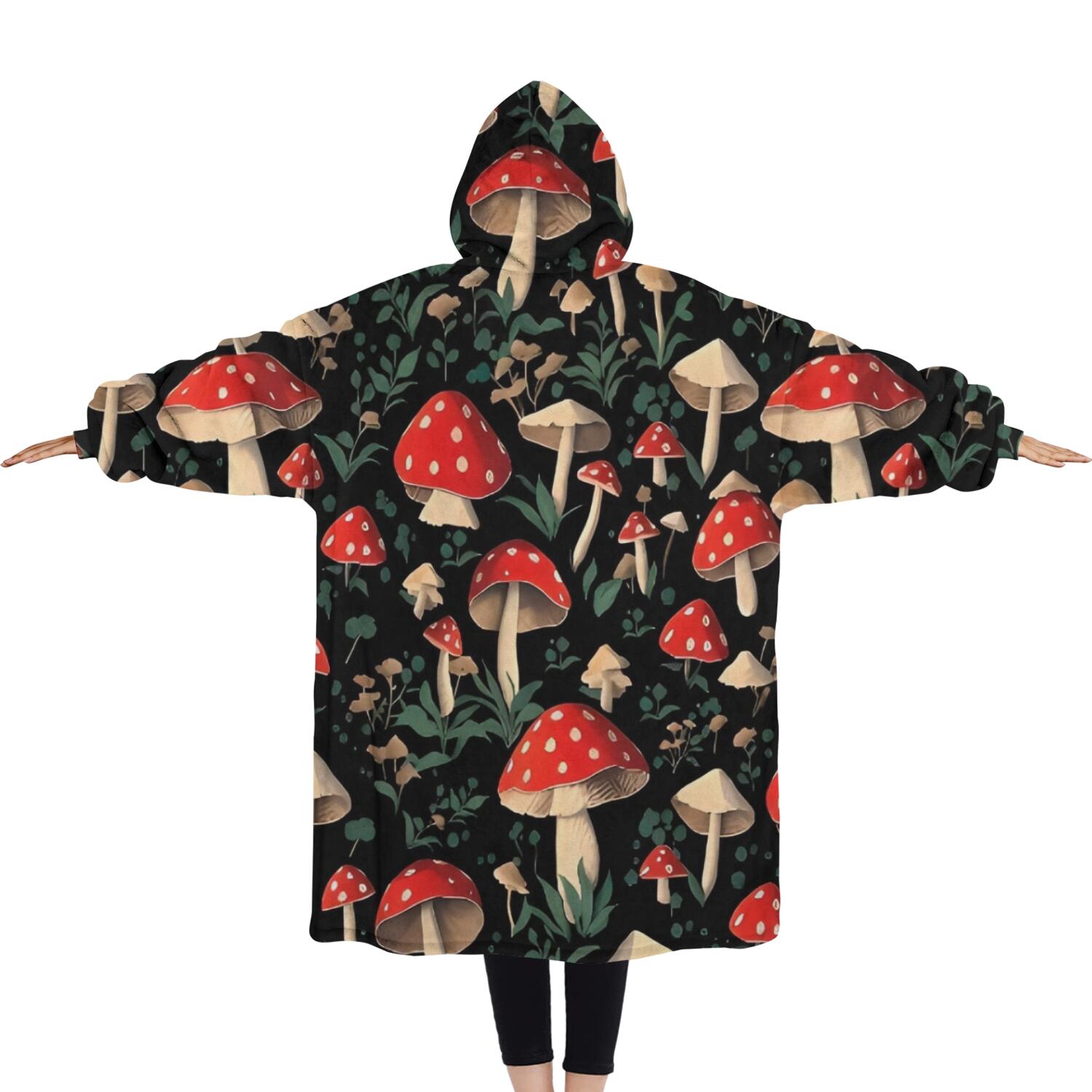 Oversized Wearable Blanket Hoodie,Red Mushroom Leaf Black Pattern Sherpa Blanket Hoodie with Super Pockets,Super Warm Fuzzy Pullover for Women & Men