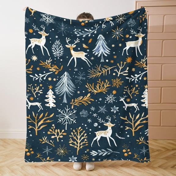 1pc Cozy Christmas-Themed Flannel Blanket with Festive Reindeer & Snowflake Design - Soft, Lightweight, All-Season Throw for Bed, Sofa, Office, Camping, and Travel