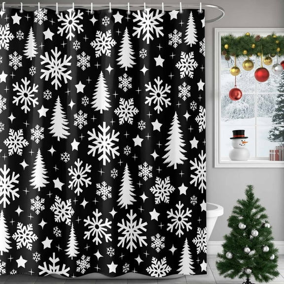 Christmas Tree Shower Curtains for Bathroom, Winter Snowflakes Stars White Black Waterproof Fabric Shower Curtain for Bathroom Bathtub Decoration, Machine Washable, 54x"78"