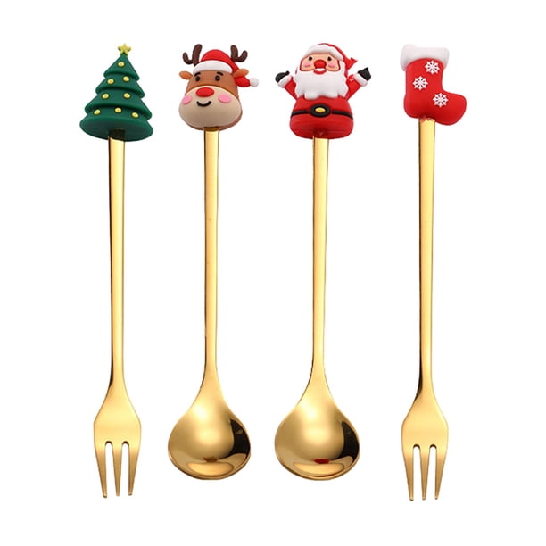 Juego de cucharas y tenedores navideños, cuchara de café, tenedor de comida occidental, utensilios, cucharas de degustación y Oro 4 Uds.