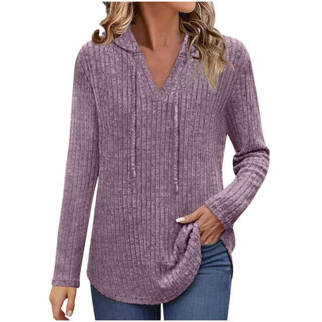 HongQid Chandails pour Femmes Col en V Manches Longues Chemises Mode Chandails à Capuchon Chandails Amples Décontractés Automne Hauts