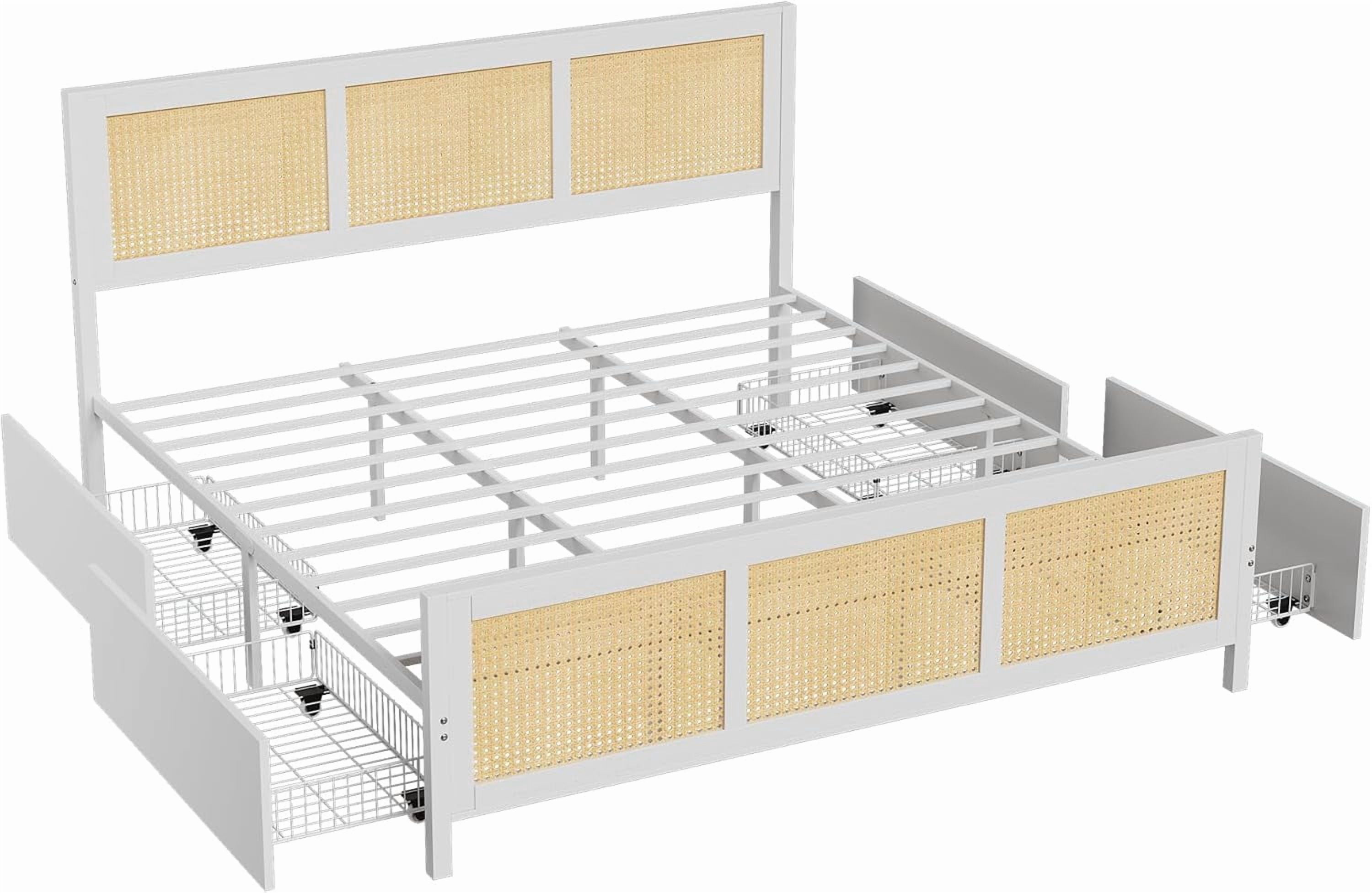 White Rattan Bed Frame with Headboard, Boho Cane Platform King Size Bed Frame with 4 Drawers, Strong Metal Slats Support, Noise Free, No Box Spring Needed
