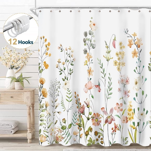 Cortina de Ducha Blanca Dznils con Estampado Floral Acuarela, Amarilla, 72" x 72"