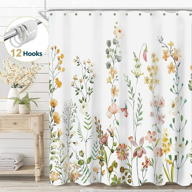 Cortina de Ducha Blanca Dznils con Estampado Floral Acuarela, Amarilla, 72" x 72"