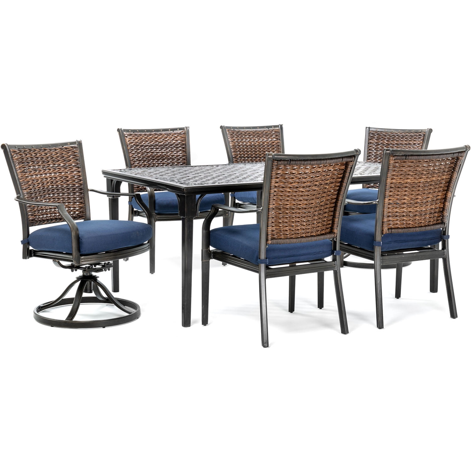 Hanover Mercer 7-Piece Patio Dining Set in Navy Blue with 4 Cushioned Dining Chairs 2 Swivel ...