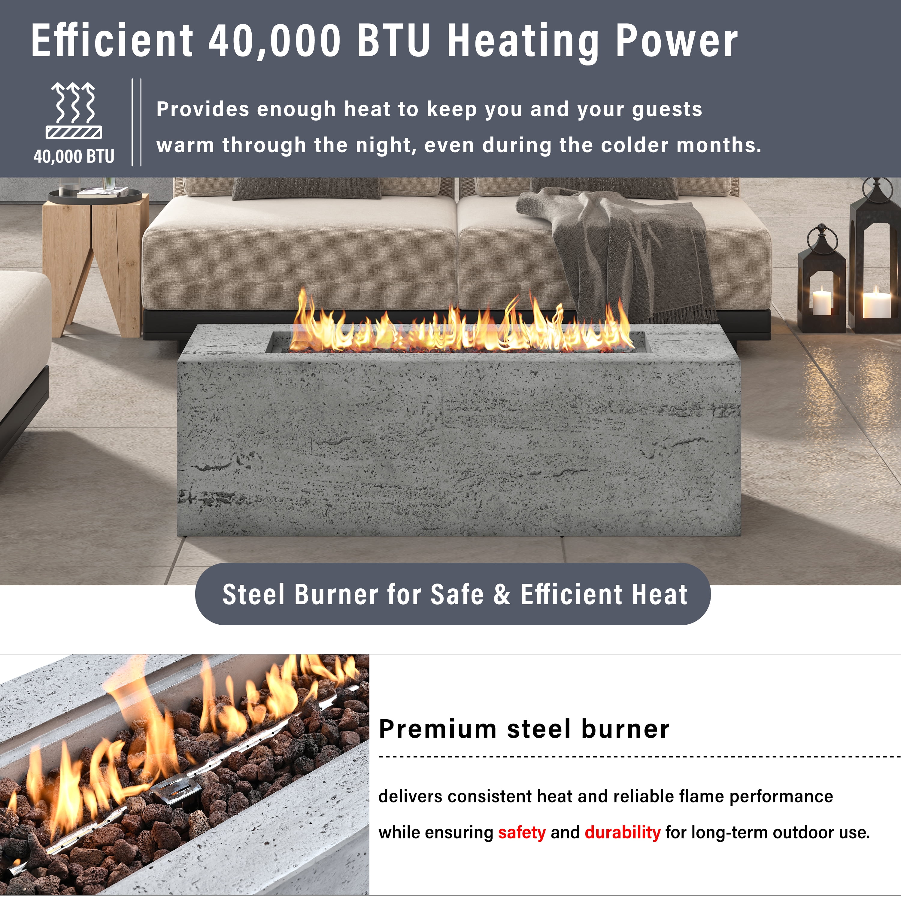 Harper & Bright Designs Outdoor Rectangular Propane Fire Pit 40000 BTU, 41.9''MGO Patio Heater with Stainless Steel Burner and Free Lava Rocks, Waterproof Cover for Courtyard, Gray