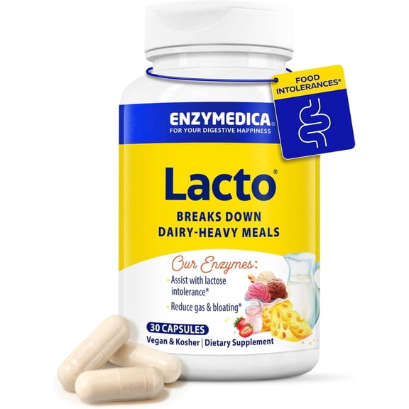 Enzymedica Lacto, Advanced Dairy Support Helps Break Down Lactose Casein & Fat, Vegan, 30 Capsules