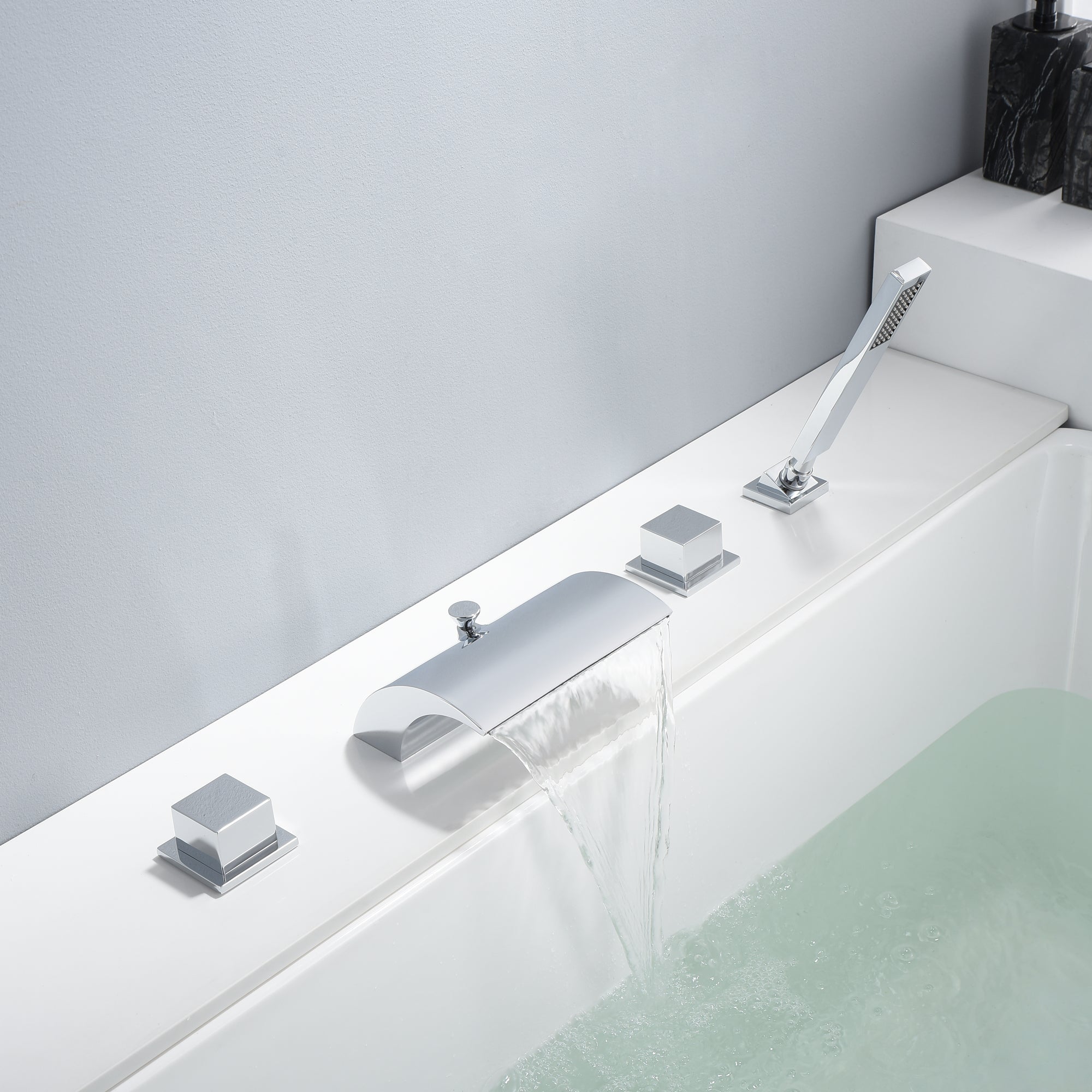 Double Handle High Flow Waterfall Roman Tub Faucet with Diverter and Hand Shower, Chrome Finish