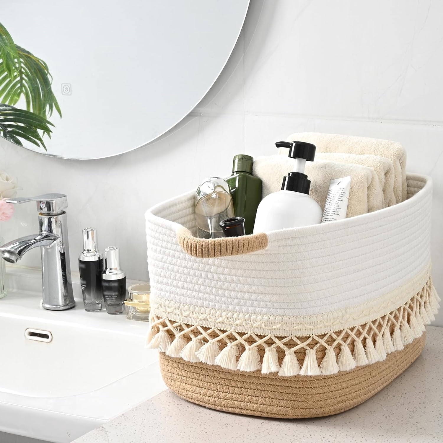 Natubeau 3 Pack Woven Storage Baskets, Jute 22L Large Storage Basket for Organizing, Cotton Rope Storage Bins with Heavy Tassel, Cube Laundry Baskets