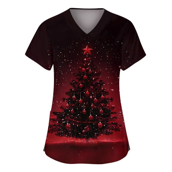 Stichou Christmas Scrubs Tops Women with Pockets Christmas Tree Graphic Medical Uniform Short Sleeve Funny V Neck Fashion Stretchy Scrub Plus Size Deep Red 3XL