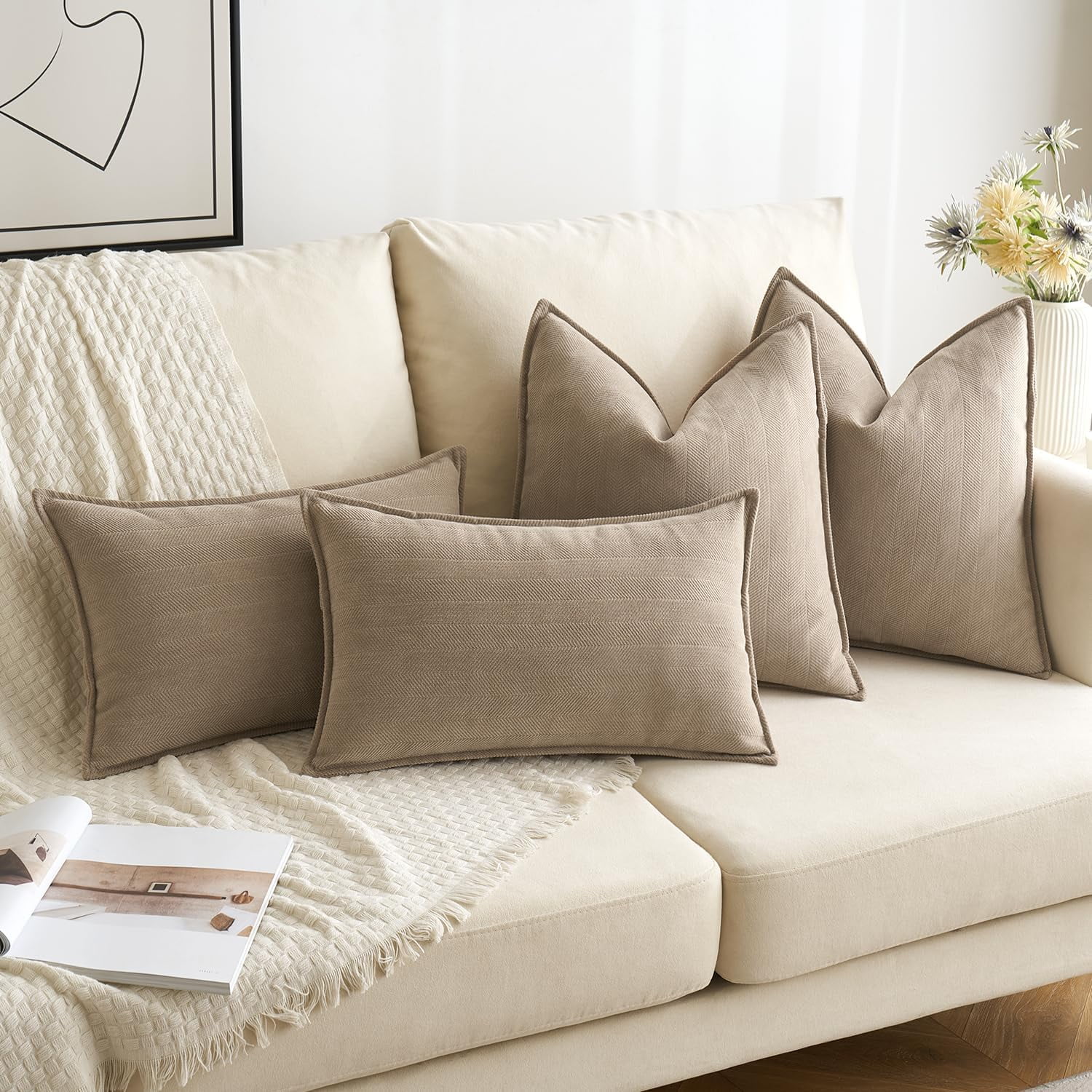 Pack of 2 Khaki 20x20 Inch Decorative Pillow Covers Soft Chenille Couch Throw Pillows Farmhouse Cushion Covers for Sofa Bedroom Living Room
