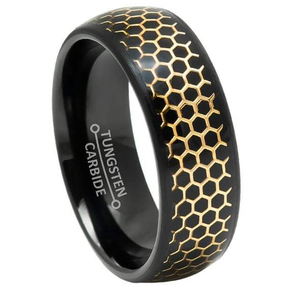 8mm Mens Black Tungsten Wedding Band, Honeycomb Inlay, Dome Engagement Ring - TN963WAs8.5