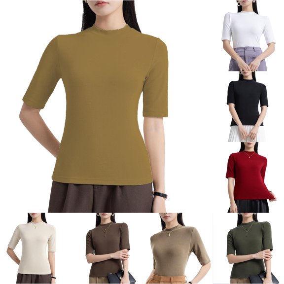 Xiaoxatg Womens T Shirts,Women's T-Shirts Women's Turtle Neck Slim Fit Half Elbow Short 3/4 Sleeve T Shirts Tight Tops Tee Yellow M