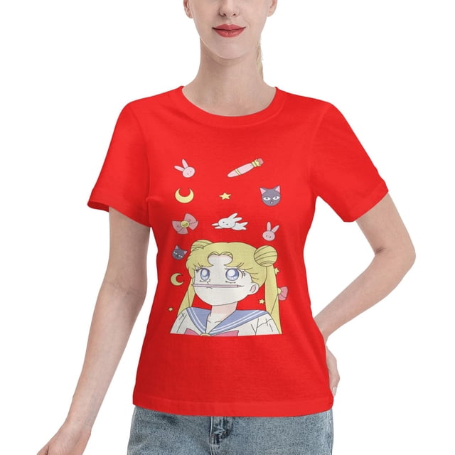 T-Shirt Basique à Manches Courtes pour Femmes Sailor Moon Lièvre Lunaire