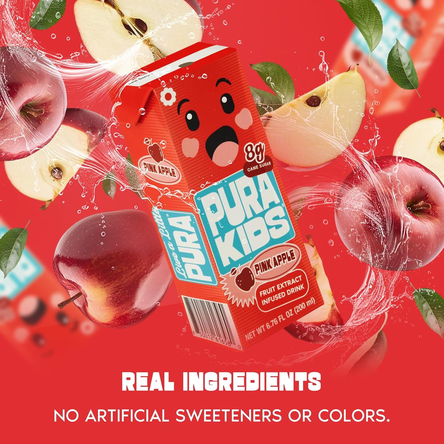 PURA Kids Box | Pink Apple Fruit extract infused Drink for kids | 8g Pure Cane Sugar | Non-GMO | Vegan, No Artificial Sweeteners | Best Lunchbox Beverage with Paper Straw | 6.67 fl oz (200ml) 24-Pack