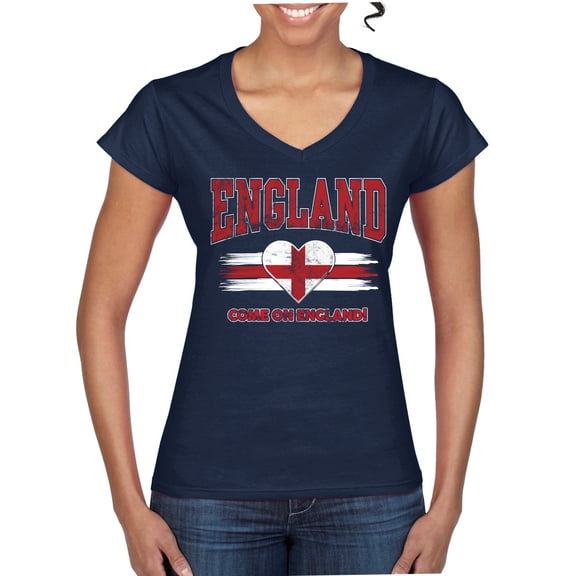Wild Bobby England Flag Heart Come On England Graphic | Women's Novelty T-Shirt | Soccer Football Fan Game Day Gift for Her Women Standard V-Neck Tee