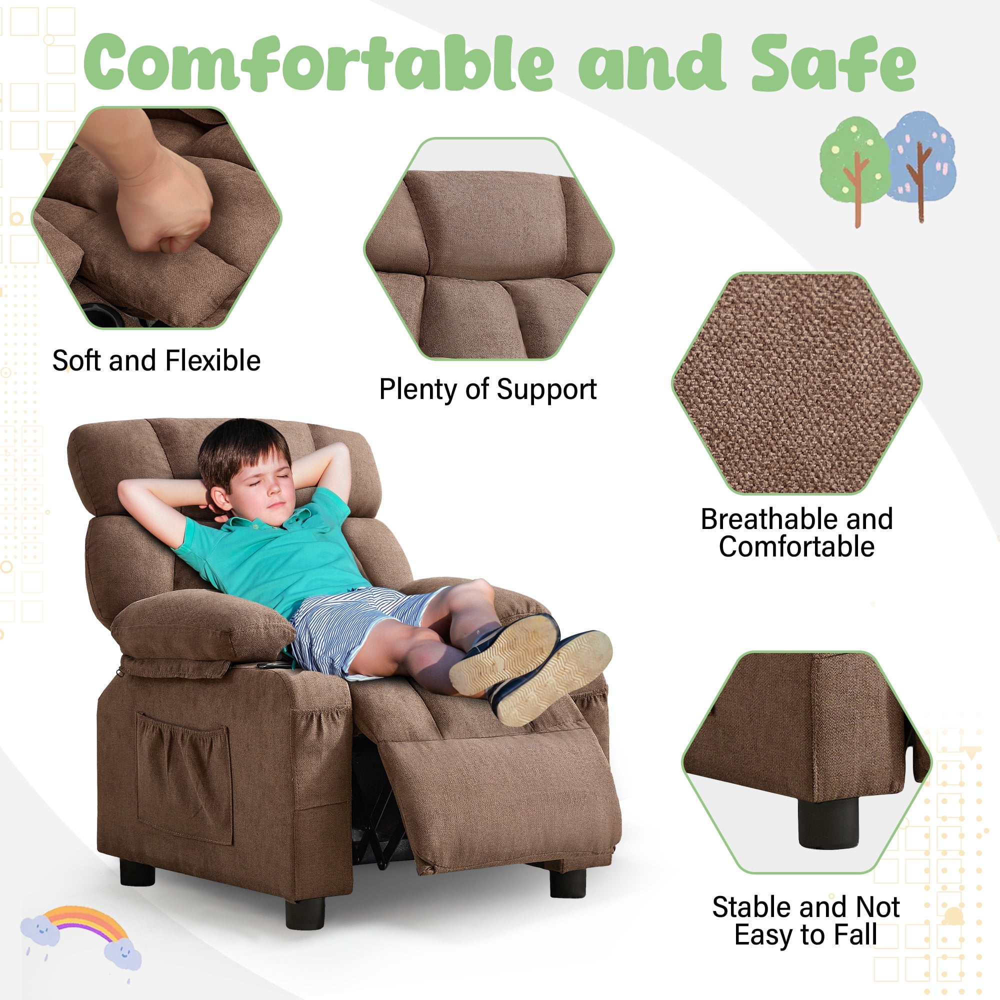 JONPONY Kids Recliner Chair,Push Back Toddler Recliner with Cup Holders & Side Pockets,Adjustable Footrest & Headrest Kids Sofa for Boys Girls 3+ Age Group, Brown