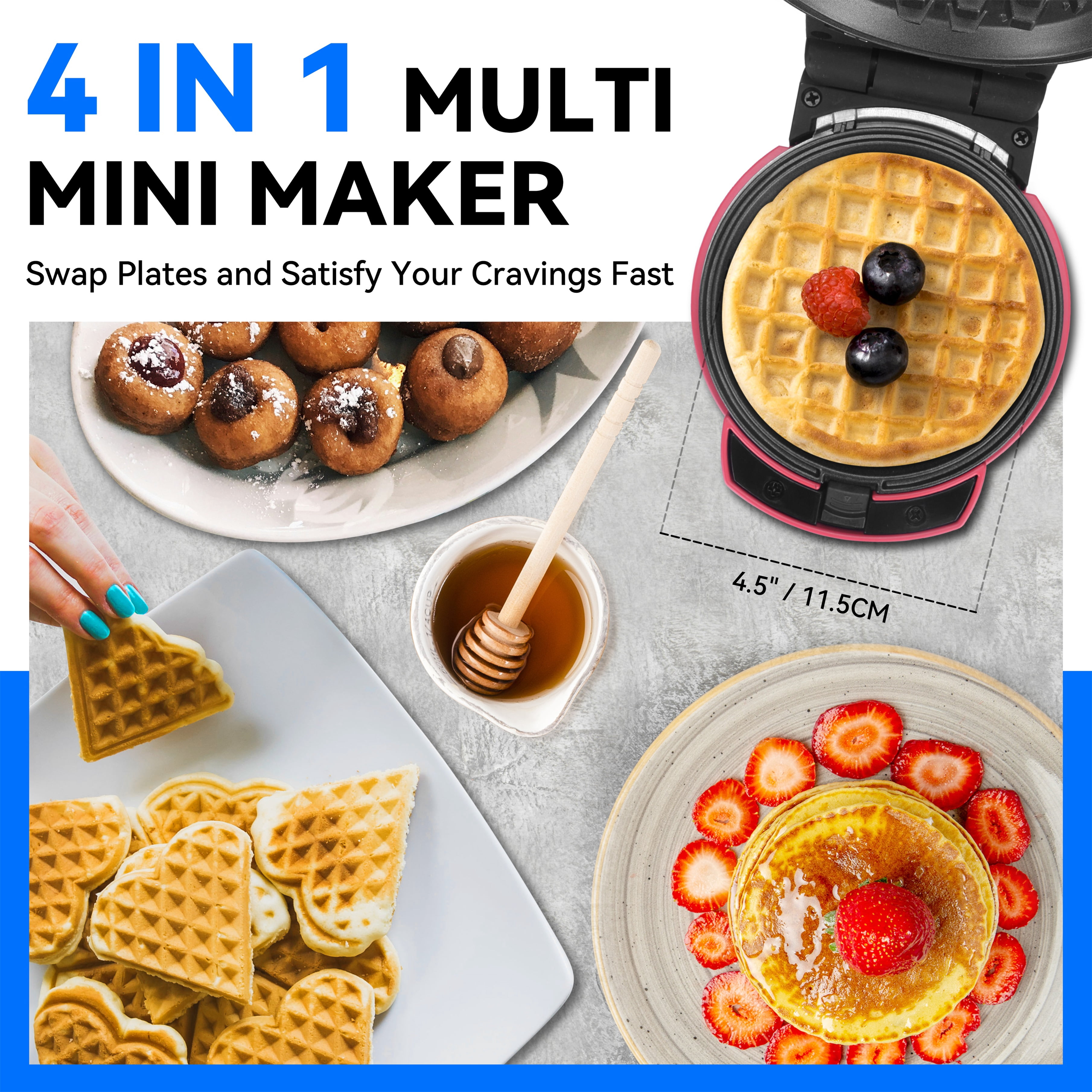 Mailand 4-in-1 Small Waffle Maker, Waffle Iron Mini with  Removable Plates(Pancake, Donuts, Heart Shape Waffle & Round Waffle), Red