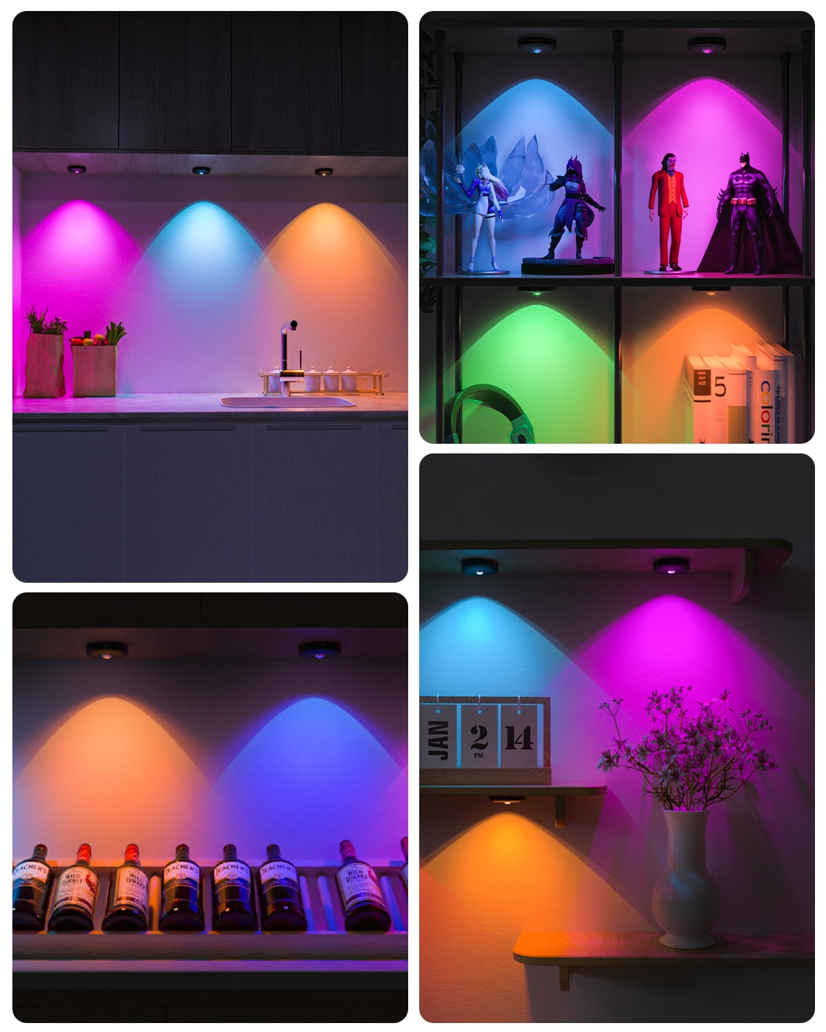 WILLED 6 Pack Rechargeable RGB Puck Lights with Remote Control, 1200mAh Battery Operated Tap Lights, Dimmable Touch Under Cabinet Lighting, Wireless Push Lights, LED USB Shelf Light