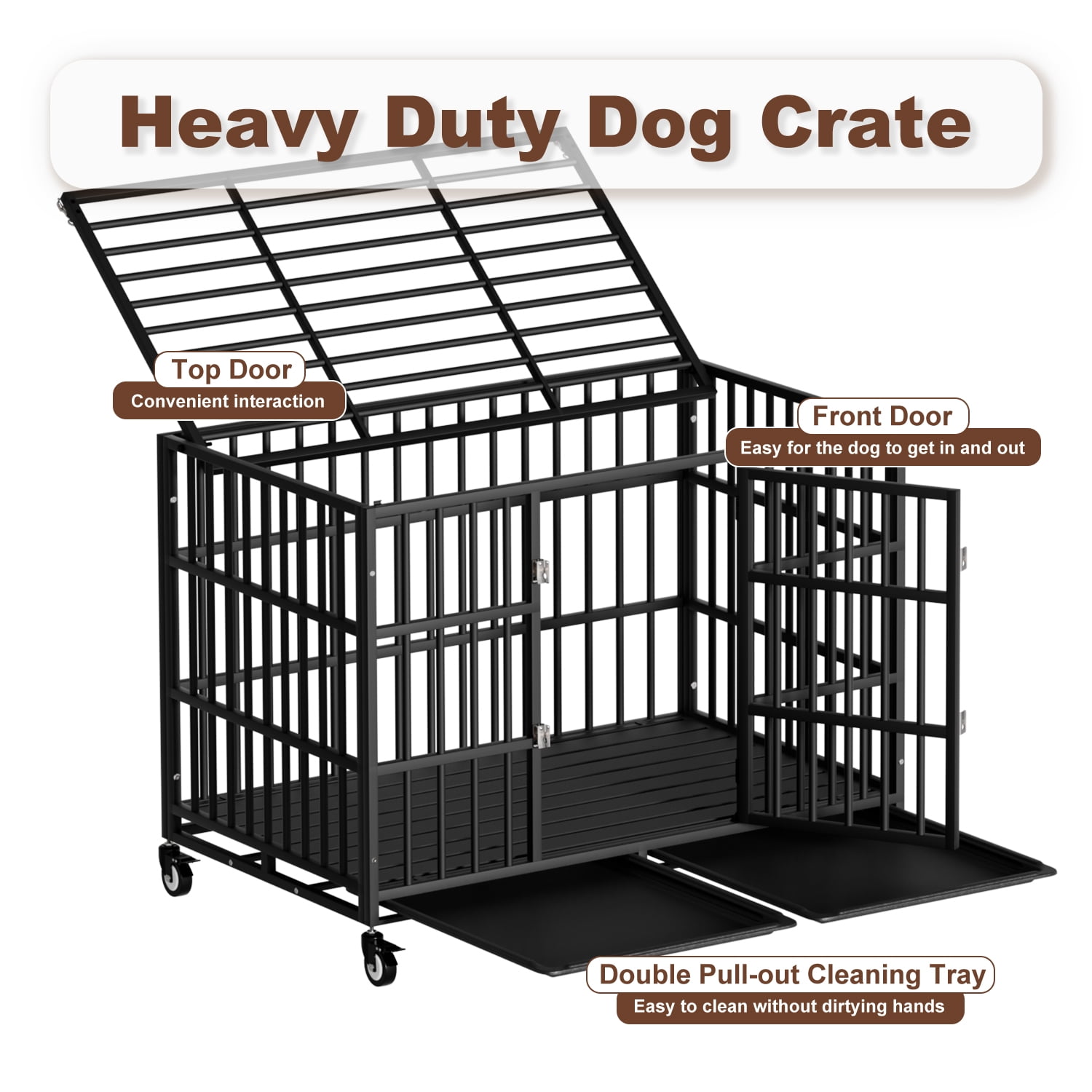 48 Inch Heavy Duty Dog Crate with Wheels，Indestructible Escape-Proof Dog Cage for Large Dogs, Extra Large XL XXL Indestructible Dog Crate with Removable Tray.