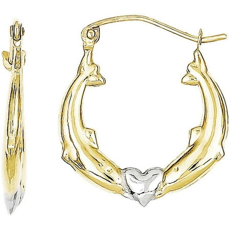 Dolphins Set Earrings - 10kt Gold and Rhodium Dolphin Heart Lightweight Hoop Earrings