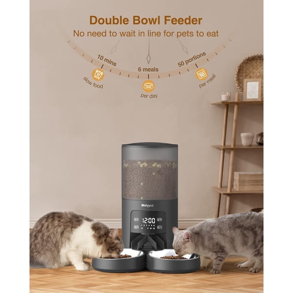Automatic Cat Feeder for 2 Cats - 6L Dual Bowl Dispenser with Voice Recorder & Programmable Timer