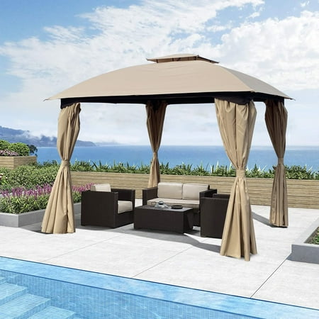 Hassch 10x10ft Patio Garden Gazebo Canopy Outdoor Gazebo Tent With Curtains  Khaki