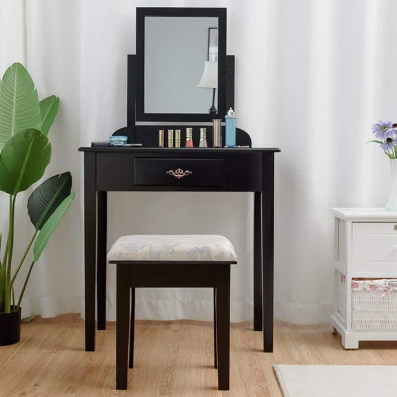 Casart Vanity Dressing Table Stool Set, for Bedroom Vanities Furniture with Large 360° Rotating Makeup Mirror Solid Wood Legs Padded Linen Fabric , Vanity Tables with Drawers, Black