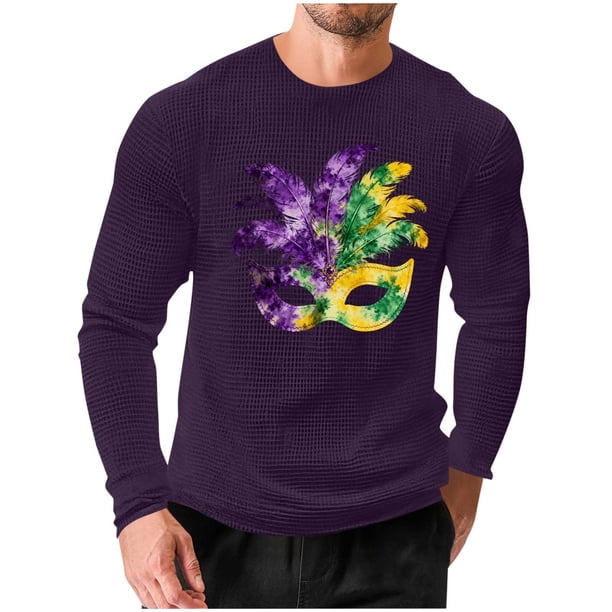 Mens Casual Camisetas de Manga Larga Cuello Redondo con Estampado de Carnaval, Suelto Elástico Top de Fitness para el Uso Diario