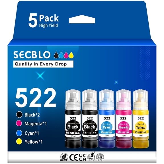 SECBLO Ink Bottle Compatible for Epson 522 Ink Bottles for EcoTank ET-2720 4700 2800 4800 Printer, 5 Pack