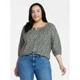 thumbnail image 2 of Time and Tru Women's Cotton Button Front Blouse with ¾ Length Sleeves, Sizes XS-XXXL, 2 of 6