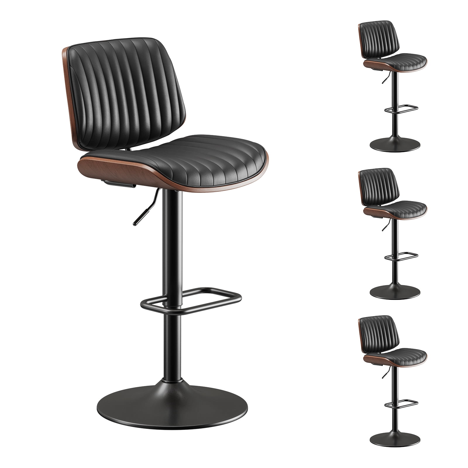 EOP Modern Upholstered Barstools Set of 4, Adjustable Height Counter Stools with Bentwood, Faux Leather Swivel Bar Stools with Metal Frame, Black
