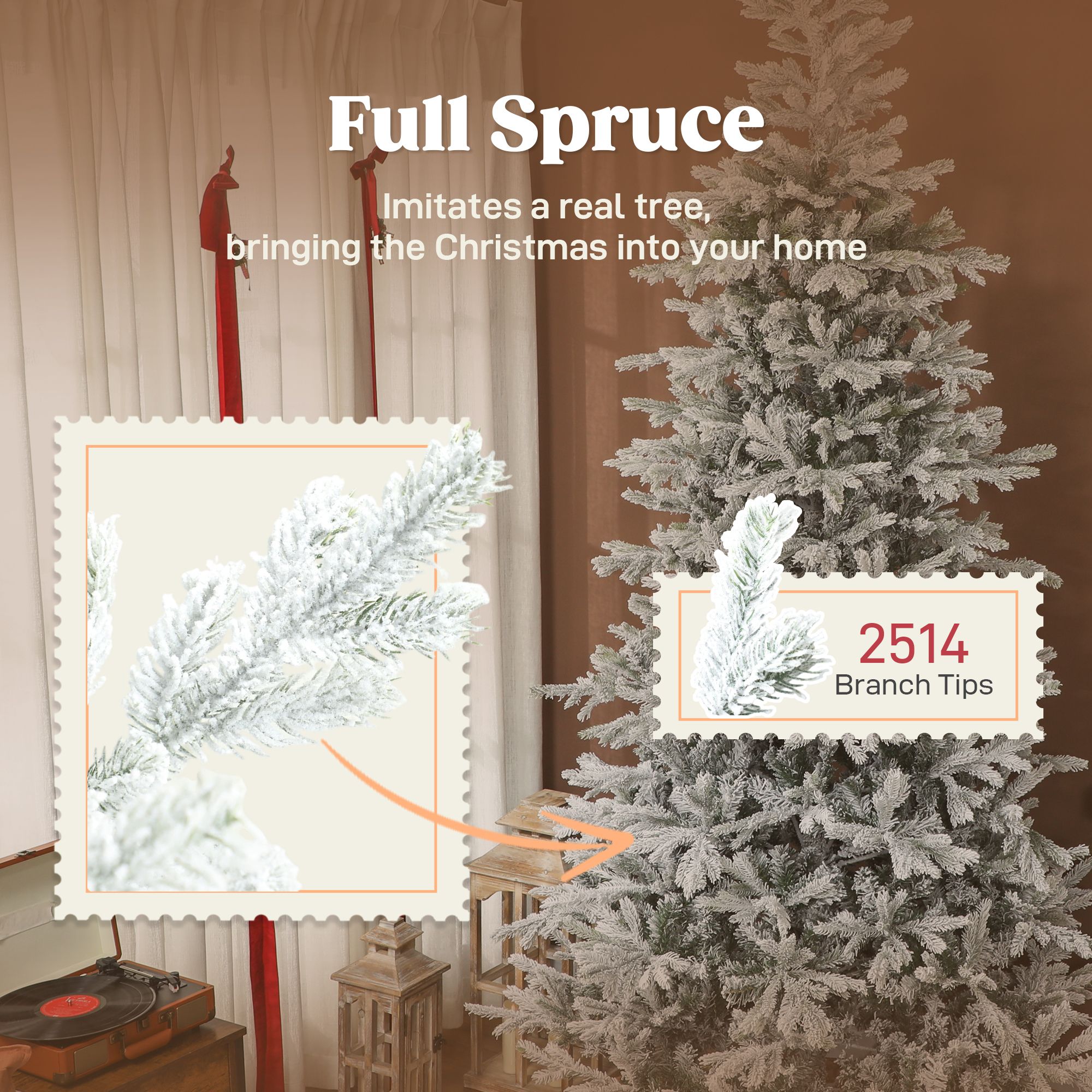 9 ft Artificial Frosted Christmas Tree with Realistic Branches, Wide Full Spruce, Hinged Xmas Tree, Easy Assembly