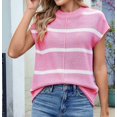 thumbnail image 3 of Women Cap Sleeve Tank Tops Striped Crew Neck Casual Loose Fit Spring Summer Pullover Knit Sweater Vest Pink & White L, 3 of 7