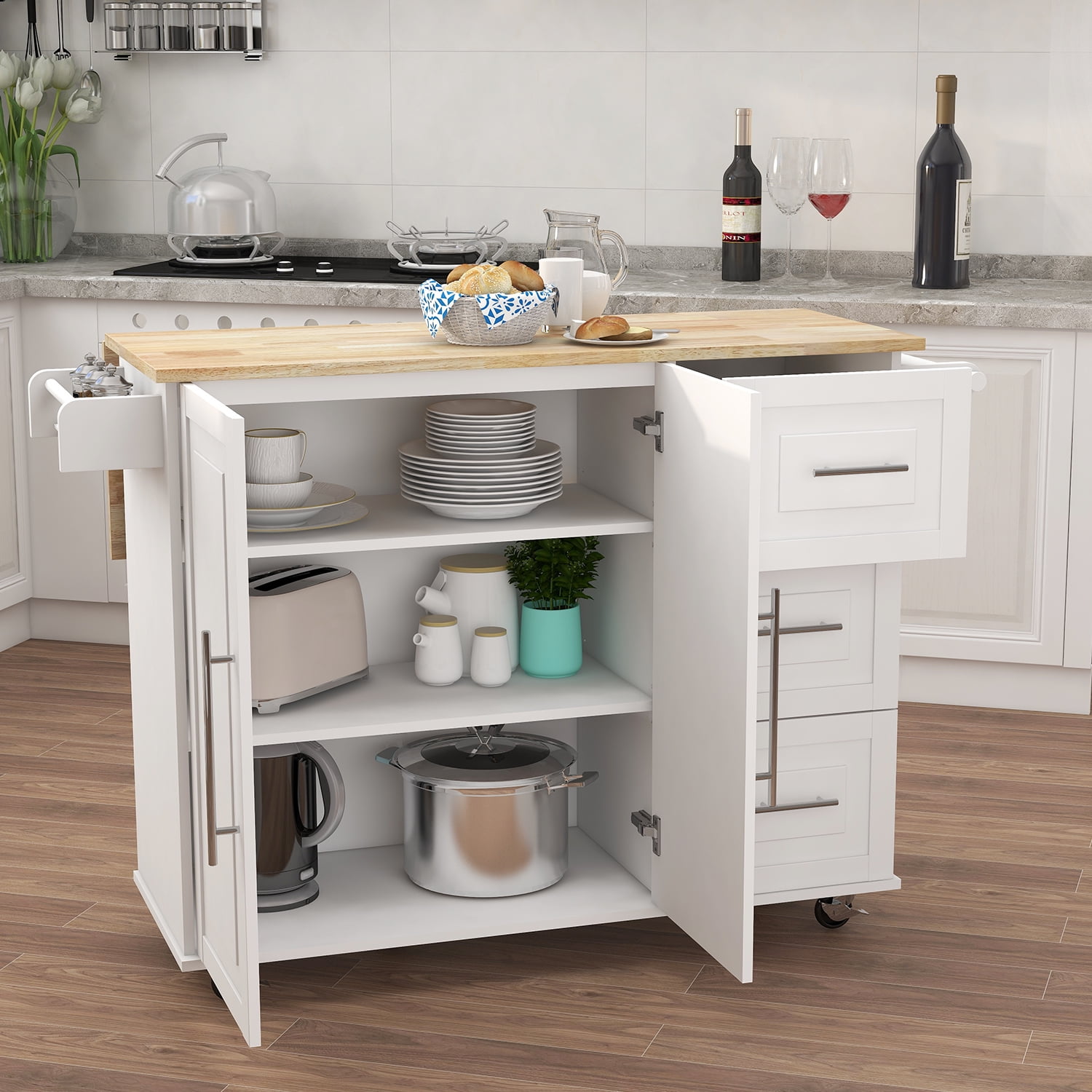 Kitchen Cupboard Table with Drawers and Cabinets, Wood Convertible Storage  Cabinet Table with Spice Rack, Handle, Caster and Extensible Table Top for