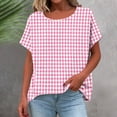 thumbnail image 6 of Women's Gingham Print Tops Crew Neck Short Sleeve Linen T-Shirt Breathable Summer Top for Going Out Vacation Pink 3XL, 6 of 6