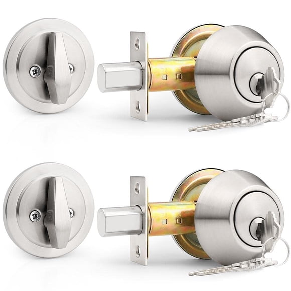 Probrico(2 Pack) Keyed Alike Single Cylinder Deadbolts Brushed Nickel (Combo Packs), Keyway Keys Handleset, 3 Keys Anti-Theft Interior& Ext