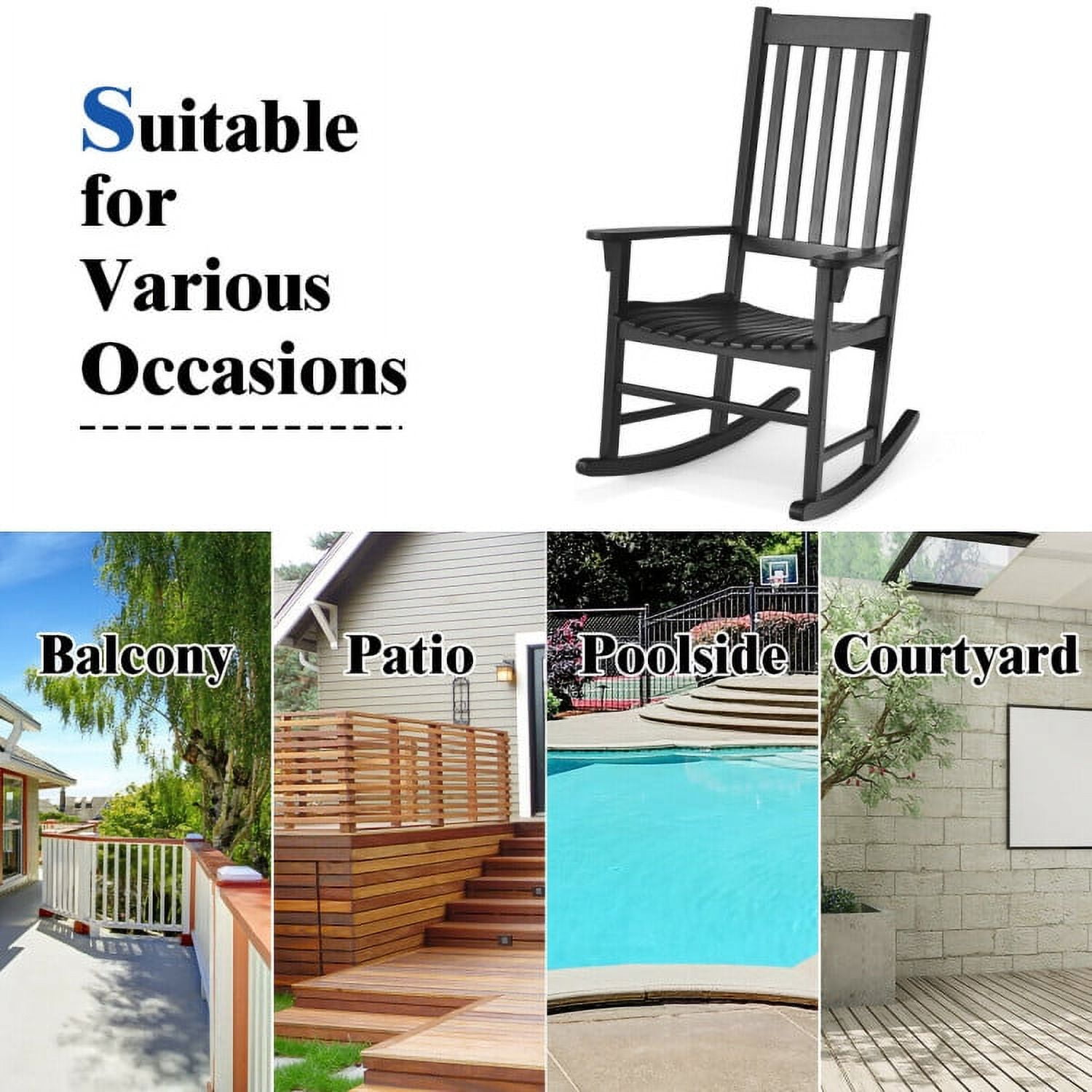 Aimee Lii Outdoor Rocking Chair, Patio Wooden Rocker Chair for Lawn, Porch, Backyard, Indoor and Garden, Black
