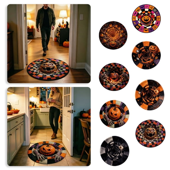 Halloween Pumpkin 3D Spiral Optical Illusion Round Rug Non Checkerboard Vortex Doormat Front Door Porch Decor