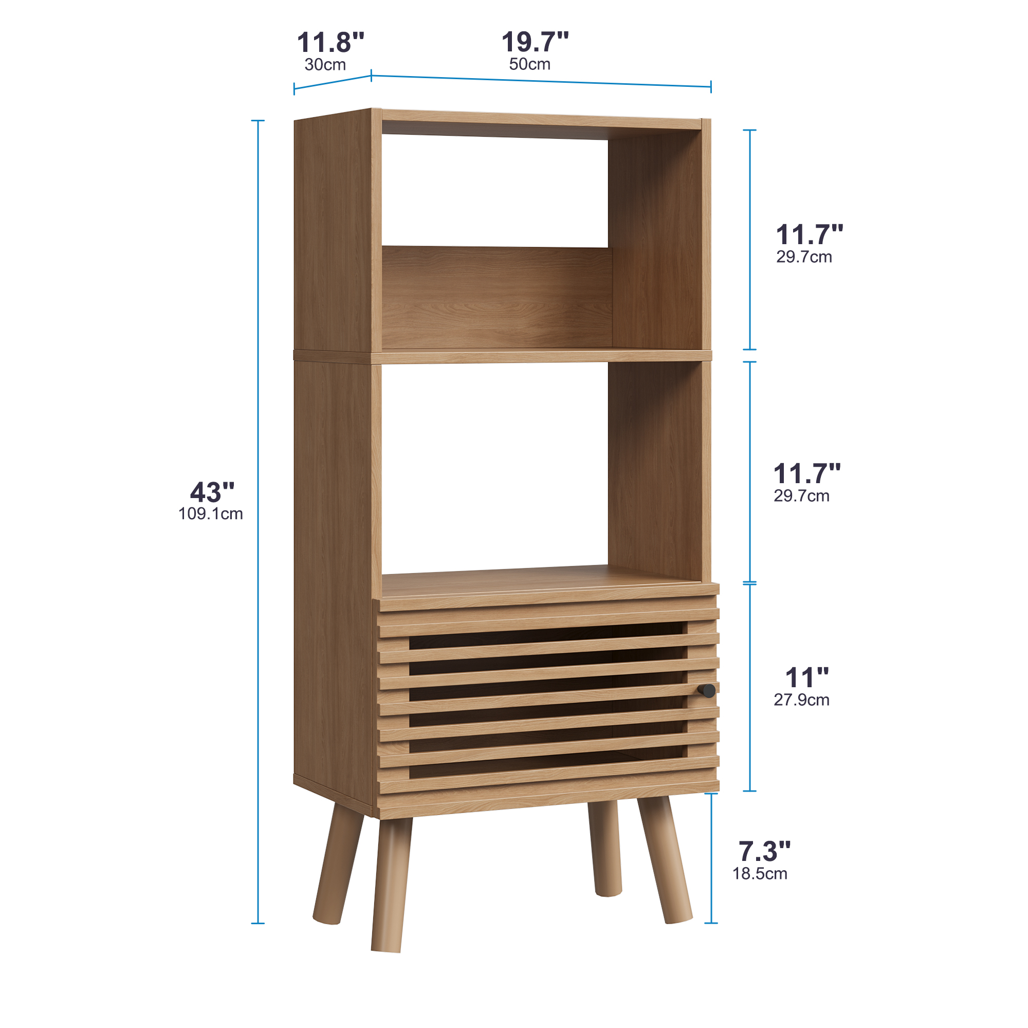 43" H Open Shelf Cube Bookshelf with Slatted Door, Mid-Century Small Bookcase with 3 Cubes, Open Shelves Display Storage Cabinet for Living Room, Home Office, Oak
