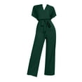 thumbnail image 3 of Summer Loose Fit Solid Color V-Neck Short Sleeve Rompers,Women's Belt Casual Fashion Jumpsuit, 3 of 4