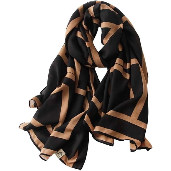 First Choose Cotton Linen Feeling Women Large Long Scarf Shawl Check Style Sunscreen Shawls Wraps Lightweight Pattern Black-brown Stripe Large